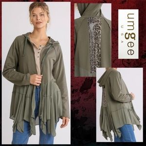 Umgee Mineral Washed Zip Up Hooded Jacket W/Gauze Godet Hem & Sequin Back Detail